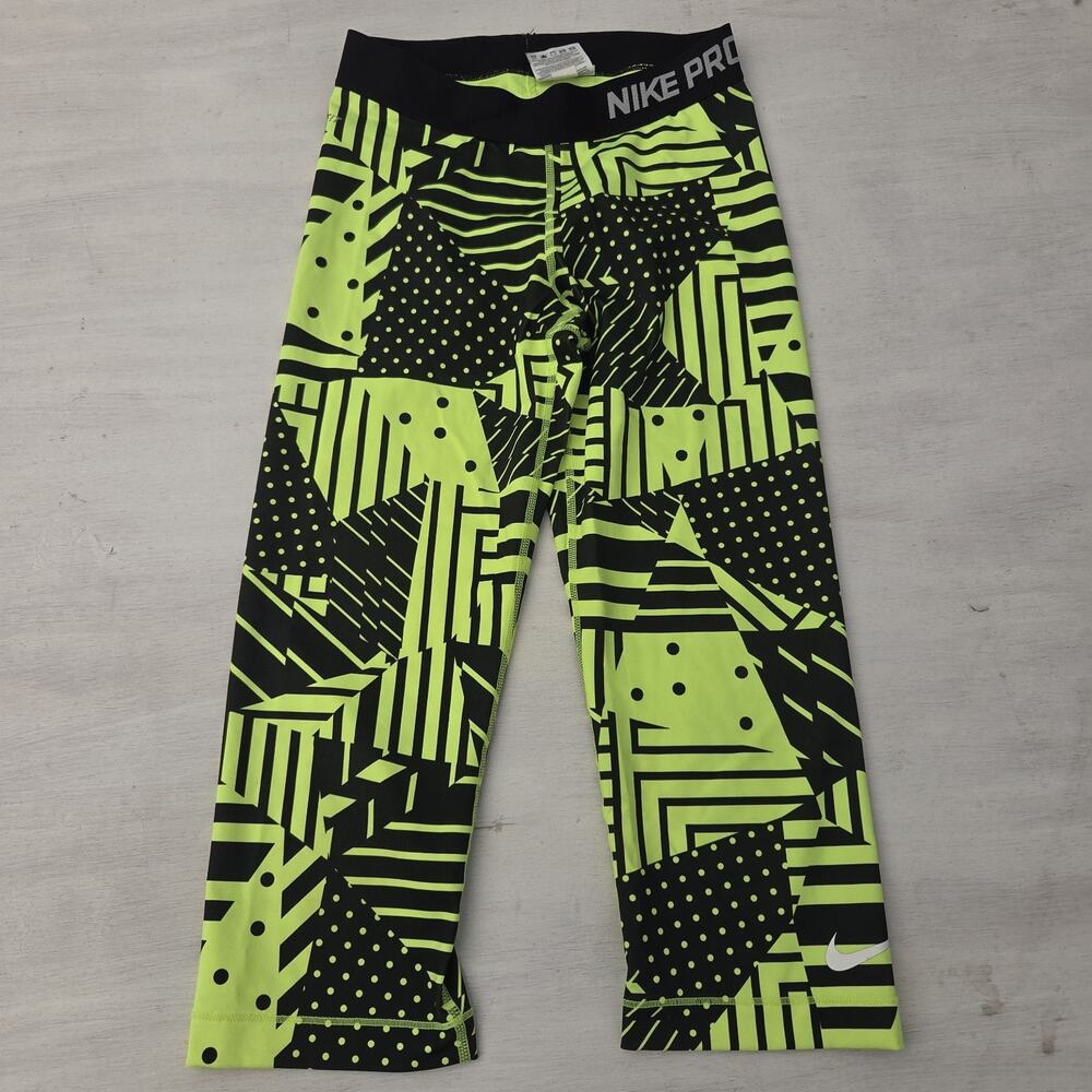 Nike Pro Dri Fit Cropped Tights Compression Pants Sz Small Neon Yellow Black